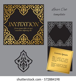 Template for laser cutting envelope with floral ornament in black and gold color.