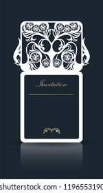 Template laser cutting with floral ornament. Openwork design wedding invitation, table card. Gold stamping lettering. Vector illustration.