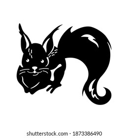 Plantilla para el corte láser de animales forestales. Silueta vectorial de una ardilla. Diseño para decorar postales, afiches con motivos forestales.