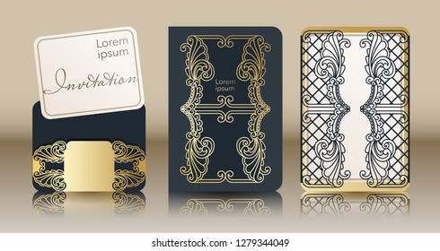 Template for laser cutting and gold stamping. Vintage cover for invitation, special occasion envelope, greeting card, menu. A through silhouette of an abstract ornament for a wedding, romantic party.