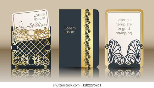 Template for laser cutting and gold stamping. Vintage cover for invitation, special occasion envelope, greeting card, menu. A through silhouette of an abstract ornament for a wedding, romantic party.