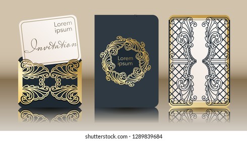 Template for laser cutting and gold stamping. Vintage cover for invitation, special occasion envelope, greeting card, menu. A through silhouette of an abstract ornament for a wedding, romantic party.
