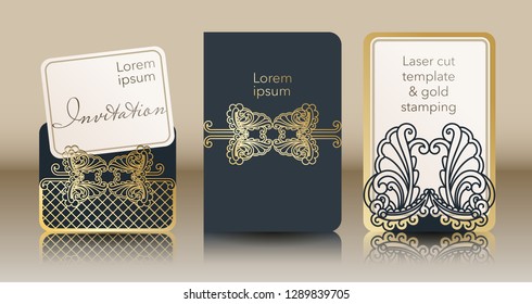 Vorlage für Laserschneiden und Goldstanzen. Vintage-Cover für Einladung, Sondergelegenheit, Grußkarte, Menü. Ein durch Silhouette eines abstrakten Ornaments für eine Hochzeit, romantische Feier.