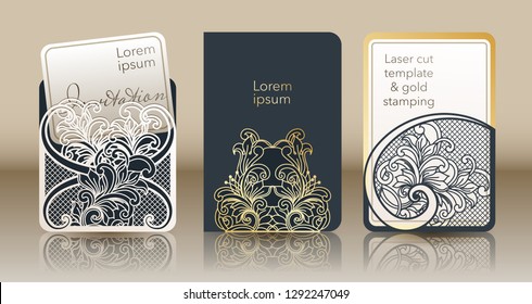 Template for laser cutting and gold stamping. Vintage cover for invitation, special occasion envelope, greeting card, menu. A through silhouette of an abstract ornament for a wedding, romantic party.