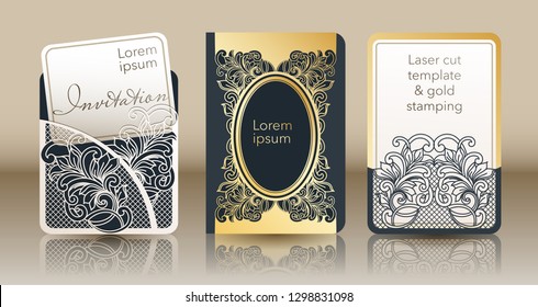 Template for laser cutting and gold stamping. Vintage cover for invitation, special occasion envelope, greeting card, menu. A through silhouette of an abstract ornament for a wedding, romantic party.