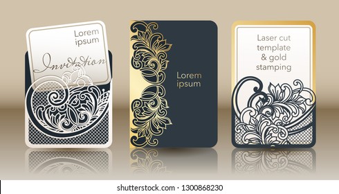 Template for laser cutting and gold stamping. Vintage cover for invitation, special occasion envelope, greeting card, menu. A through silhouette of an abstract ornament for a wedding, romantic party.