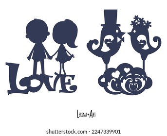 Template laser cutting machine for wood and metal.  For St. Valentine's Day. Boy and girl holding hands. Love birds. Decor
