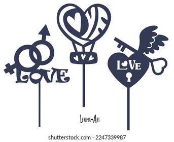 Template laser cutting machine for wood and metal. For St. Valentine's Day. Topper for cake and sweets. Male female symbol. Heart. Key.