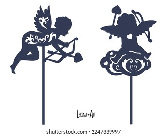 Template laser cutting machine for wood and metal.  For St. Valentine's Day. Topper for cake and sweets. Angels. Love.