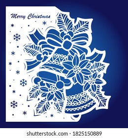 Plantilla para corte láser. Maquen por una tarjeta de Navidad con campanas y cinta adhesiva. Para cortar cualquier material. Se puede utilizar para el diseño de menús, sobres, detalles interiores. Vector