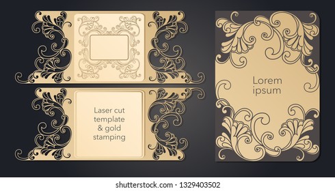 Template for laser cutting. Openwork layout of the festive envelope, a postcard for your text, a label, a note in the flowers. Wedding, romantic party, date, gift.