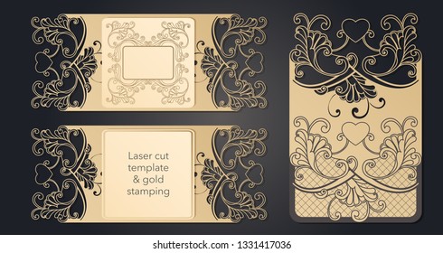 Template for laser cutting. Openwork layout of the festive envelope, a postcard for your text, a label, a note in the flowers. Wedding, romantic party, date, gift.