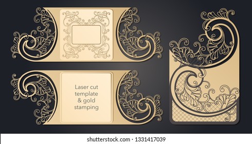 Template for laser cutting. Openwork layout of the festive envelope, a postcard for your text, a label, a note in the flowers. Wedding, romantic party, date, gift.