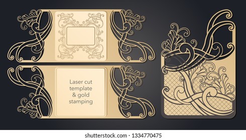 Template for laser cutting. Openwork layout of the festive envelope, a postcard for your text, a label, a note in the flowers. Wedding, romantic party, date, gift.