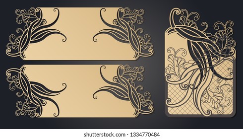 Template for laser cutting. Openwork layout of the festive envelope, a postcard for your text, a label, a note in the flowers. Wedding, romantic party, date, gift.