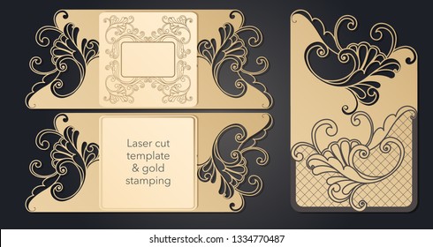 Template for laser cutting. Openwork layout of the festive envelope, a postcard for your text, a label, a note in the flowers. Wedding, romantic party, date, gift.