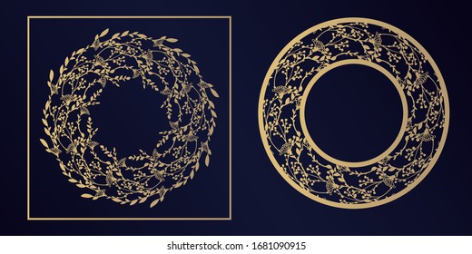 Template for laser cutting paper. Set of round napkins with a floral border. Vintage paper cutout lace doily. Round floral frame, floral border, design element for wedding decoration, interior.
