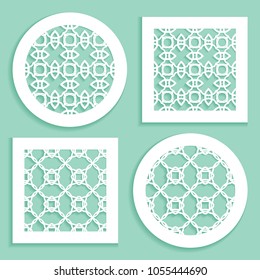 Template for laser cutting, plotter cutting, printing. Round and square line patterns. Geometric design cut out of paper. Mandala Islamic die cut ornament. Fretwork panels, cutout silhouette stencils
