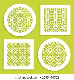 Template for laser cutting, plotter cutting, printing. Round and square line patterns. Geometric design cut out of paper. Mandala Islamic die cut ornament. Fretwork panels, cutout silhouette stencils