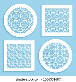Template for laser cutting, plotter cutting, printing. Round and square line patterns. Geometric design cut out of paper. Mandala Islamic die cut ornament. Fretwork panels, cutout silhouette stencils