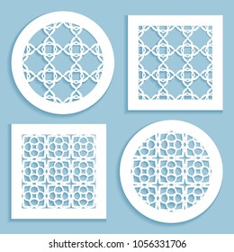 Template for laser cutting, plotter cutting, printing. Round and square line patterns. Geometric design cut out of paper. Mandala Islamic die cut ornament. Fretwork panels, cutout silhouette stencils