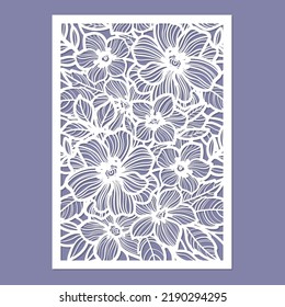 Plantilla para corte láser. Distribución de postales con flores. Para el diseño de la invitación casera, felicitaciones, menú, paneles decve. Para desprenderse de cualquier material. Vector