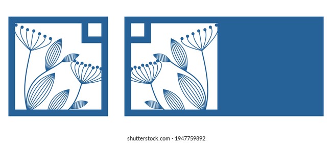 Template for laser cutting postcards of a square shape with a plant pattern of branches of flowers and leaves.