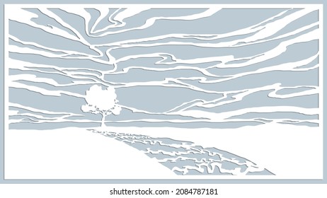 Plantilla para corte láser, impresión, corte. Paisaje de papel con un árbol en el campo. Nubes en el cielo. Madera cortada del papel.