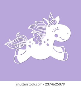 Template for laser cutting. Running little Unicorn. For cutting any material. For the design of cards, invitations, decorative elements, Christmas decorations. Vector