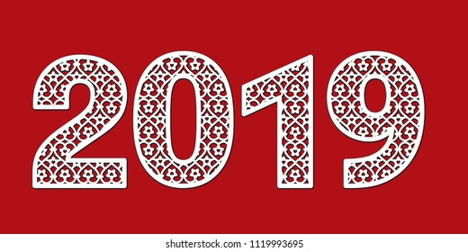 Template for laser cutting of text 2019 year with lace pattern. Vector numeric illustration for Christmas. Silhouette of arabic numbers with ornate abstract ornament isolated on red background.