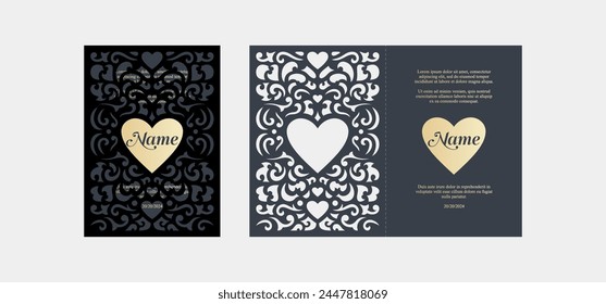 Template for laser cutting of wedding cards and invitations with heart and openwork 04