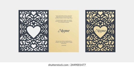 Template for laser cutting of wedding cards and invitations with heart and openwork