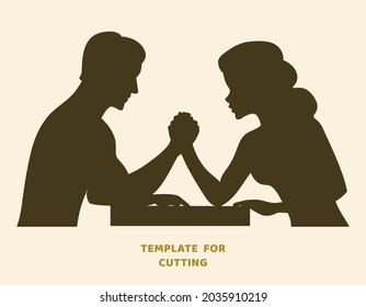 Template for laser cutting, wood carving, paper cut. Silhouettes for cutting. Arm wrestling challenge between a young couple vector stencil