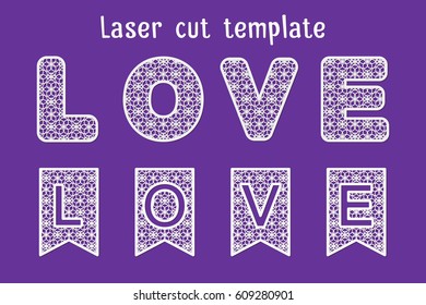 A template for laser or plotter cutting. Phrase: "Love." Garland of flags with the phrase: "Love."