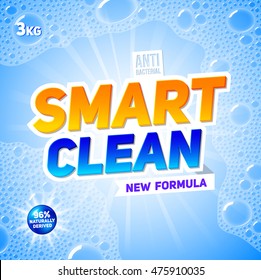 Template for laundry detergent with an inscription Smart clean on soap background. Package design for Washing Powder & Liquid Detergents. Cleaning service