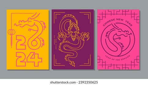 Template layout Chinese New Year 2024, Year of the Dragon , outline , stroke, zodiac (Translate : Chinese New Year)