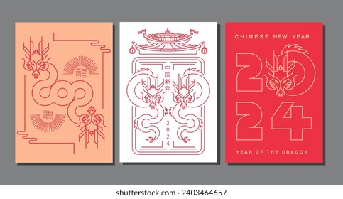 Template layout Chinese New Year 2024, Year of the Dragon , outline , stroke, zodiac (Translate : Chinese New Year)