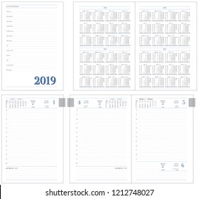 Template for layout of daily planner for 2019 year. Design office book with page templates, personal data and calendar data on 2018, 2019, 2020, 2021 years