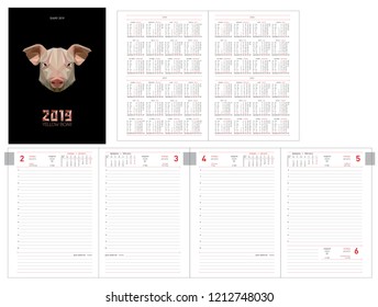 Plantilla para el diseño del planificador diario para 2019 año con cerdo. Libro de oficina de diseño con plantillas de página, datos personales y datos del calendario en 2018, 2019, 2020, 2021 años