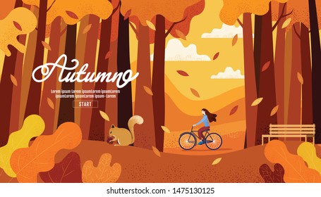Template Layout design, 
Girl riding a bicycle in the autumn garden, Vector Illustration.