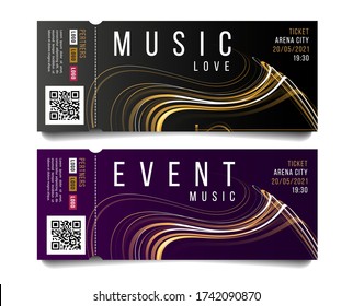 Template layout of musical concet admission tickets with abstract fluid wave forming string musical instrument shape, in two color combinations black and gold and violet