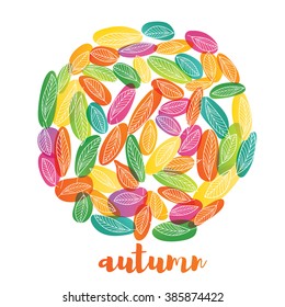 The template layout with text. Layout features leaves of different sizes, colors and shapes. The leaves are laid out in the shape of a circle. Location header.