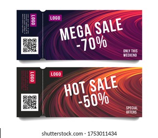 Template layout of tickets or flyers for the discount sale event with abstract backdrop of bright lines revolving in round circle