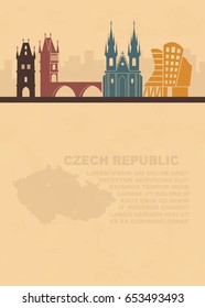 The template of the leaflets with architectural attractions of Prague and a map of the Czech Republic