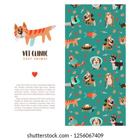 Template leaflets, banners, promotional products veterinary clinic. Seamless pattern on green background with lots of cute Pets. Clinic logo template with poor cute kitten with a sick paw