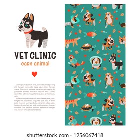 Template leaflets, banners, promotional products veterinary clinic. Seamless pattern on green background with lots of cute Pets. Clinic logo template with cute Husky dog.