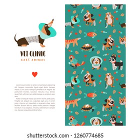 Template leaflets, banners, promotional products veterinary clinic. Seamless pattern on green background with lots of cute Pets. Clinic logo template with cute Dachshund dog.