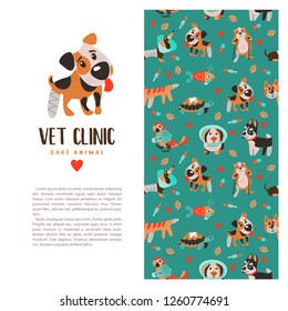 Template leaflets, banners, promotional products veterinary clinic. Seamless pattern on green background with lots of cute Pets. Clinic logo template with cute Jack Russell Terrier dog.