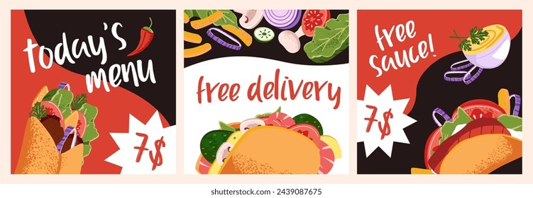 Template of leaflets of discounts, sales set. Prices of shawarma on advertising fastfood cards. Coupons with special offers, gifts of in doner kebab. Flyers of fast food. Flat vector illustrations