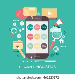 Template Learn Linguistics infographics. Concept for website banners and promotional materials. File is saved in AI10 EPS version. This illustration contains a transparency